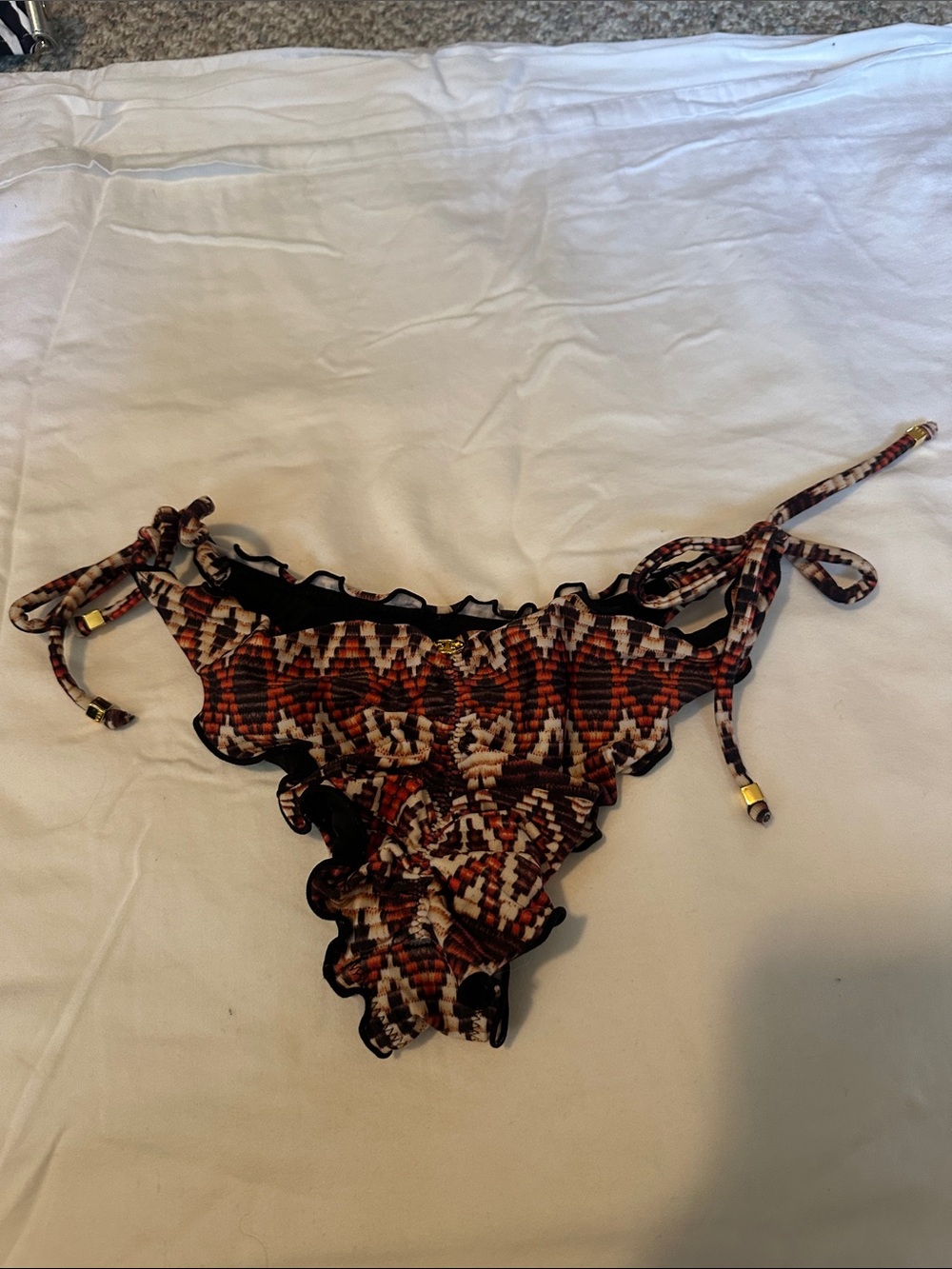 Vix Brown Red Cream Patterned Scallop Edge Triangle Bikini - Picture 2 of 4